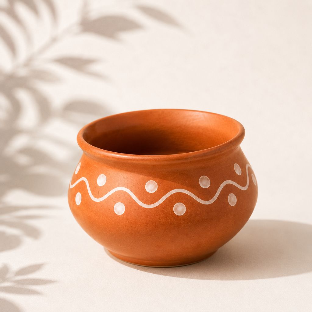 Handmade Terracotta Decorative Pot with White Painted Designs