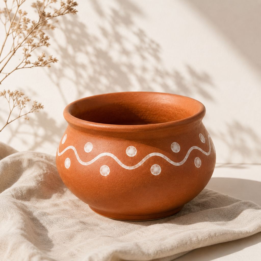 Handmade Terracotta Decorative Pot with White Painted Designs view 2