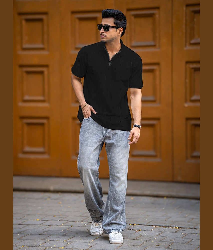 Leotude Men Cotton Blend Regular Fit Solid Polo T Shirt ( Black ) view 2