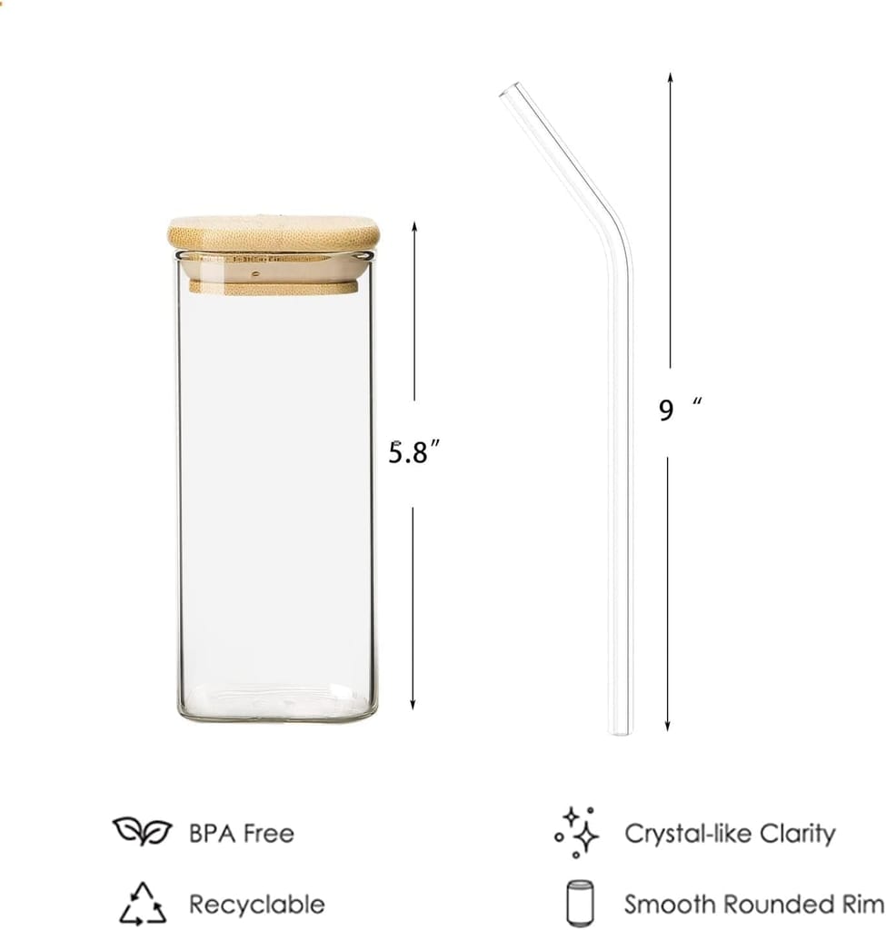 Square Glass Mason jar 410 ML Mug Sipper with Airtight Wooden Lid & Glass Straw Used for hot & Cold Drinks Borosilicate Tumbler Cup for Iced Coffee, Smoothie, Juice, Mocktail & Cocktail pack of 1 view 2
