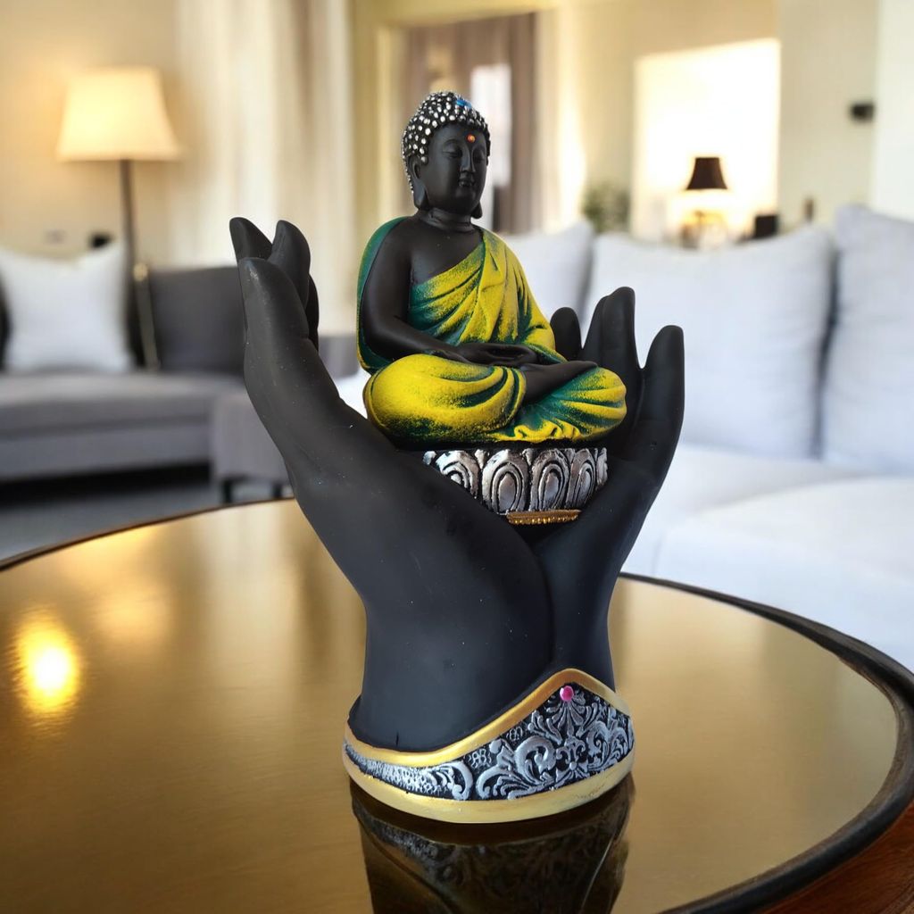 AMS Black & Yellow Polyresin Palm Buddha Statue with Hand Base | Gautama Buddha Idol for Home Decor, Office Desk, Meditation Room | Spiritual Gift for Housewarming, Birthday & Buddha Purnima view 2