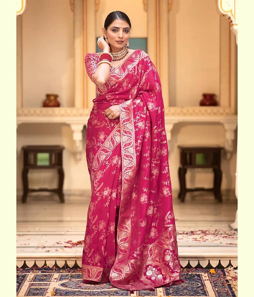 YUG ART Banarasi Silk Embellished Saree With Unstitched Blouse Piece ( Rama ) view 2