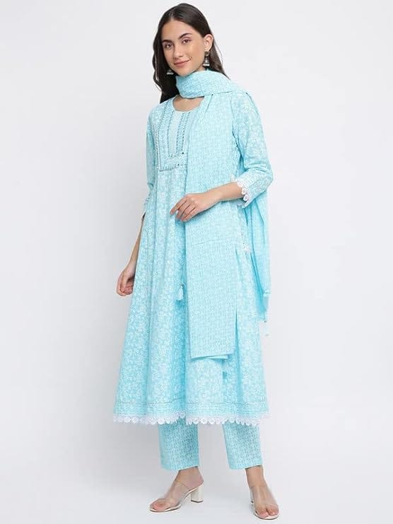INDIAN KNOTS-Women sky blue and white Printed Pure Cotton Kurta with Palazzos & Dupatta_1101-DG1100101 view 2