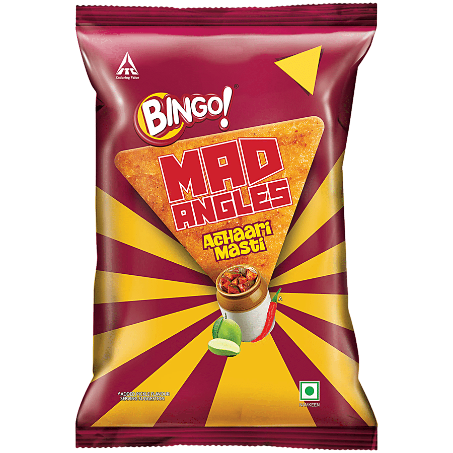 Bingo! Bingo! Mad Angles Achaari Masti Mango Pickle Flavour Crunchy Triangle Chips Pack, 130 G view 2