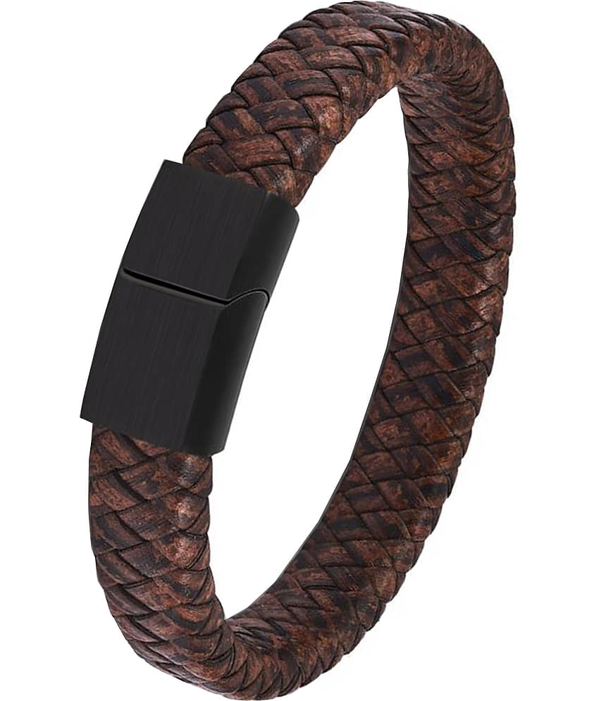 ZIVOM® Braided High Quality Genuine Dark Brown Leather Black 316L Surgical Stainless Steel Wrist Band Strap Bracelet For Boys Men view 2