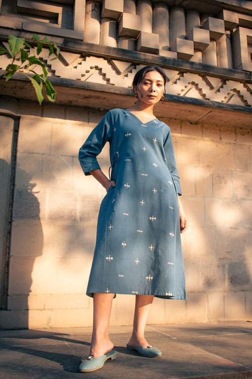 Akriti Blue Handwoven Extra-Weft V neck Dress view 2