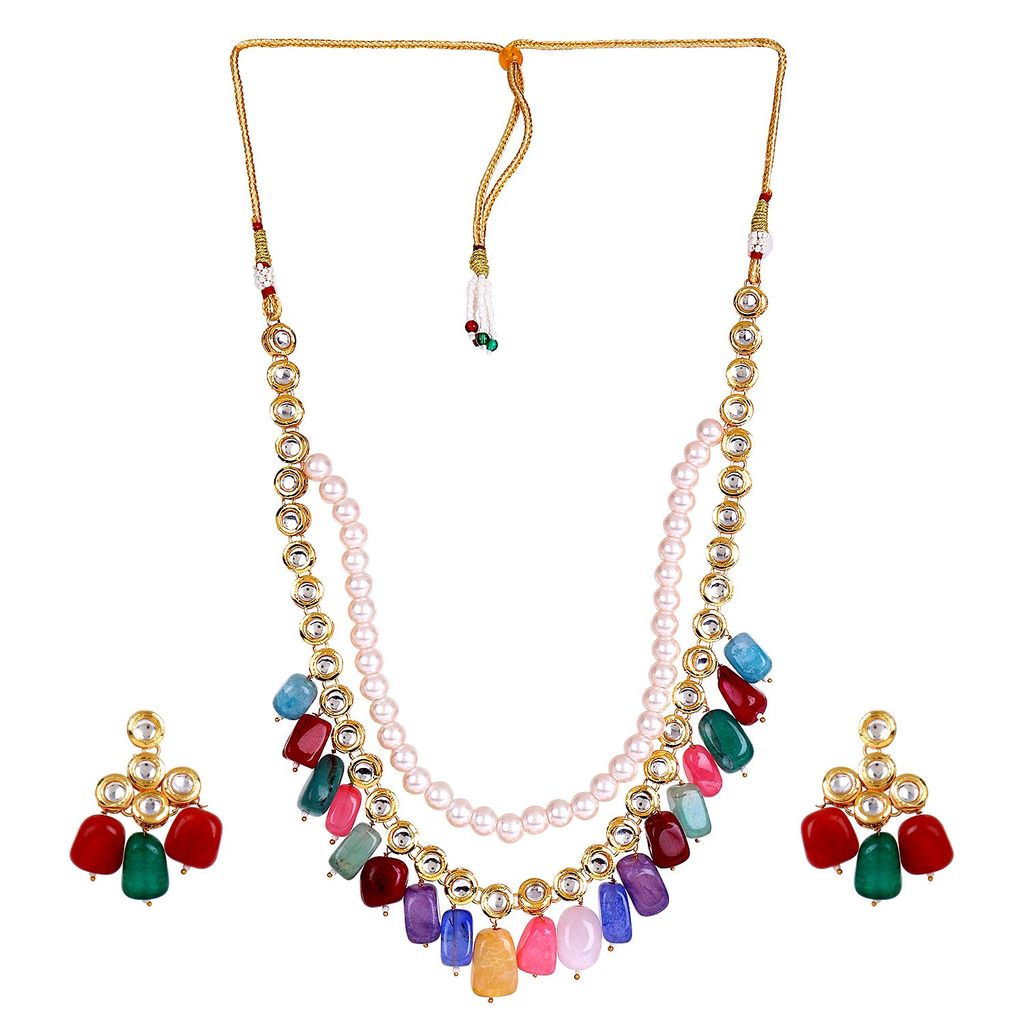 Cardinal Multicolor Kundan Multistring Onyx Long Necklace Set view 2