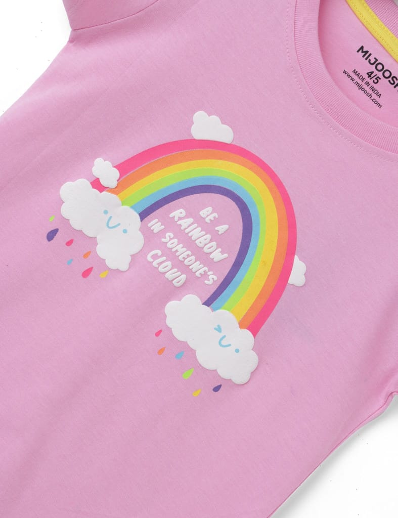 Girls T shirt Cotton Bon Bon Pink Rainbow and Cloud view 2