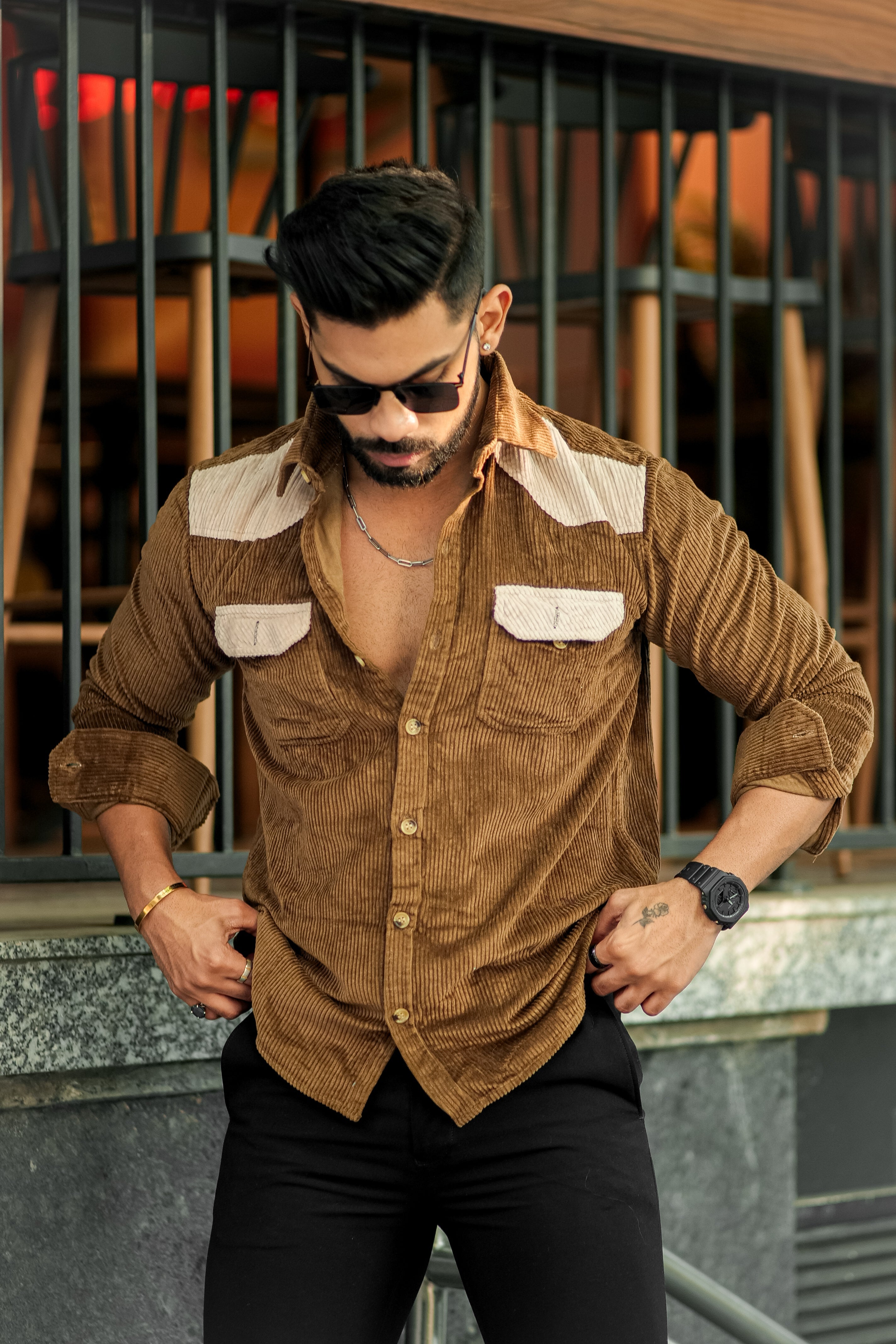 Mustard-Camel Double Pocket Cotrise Designer Shirt view 2