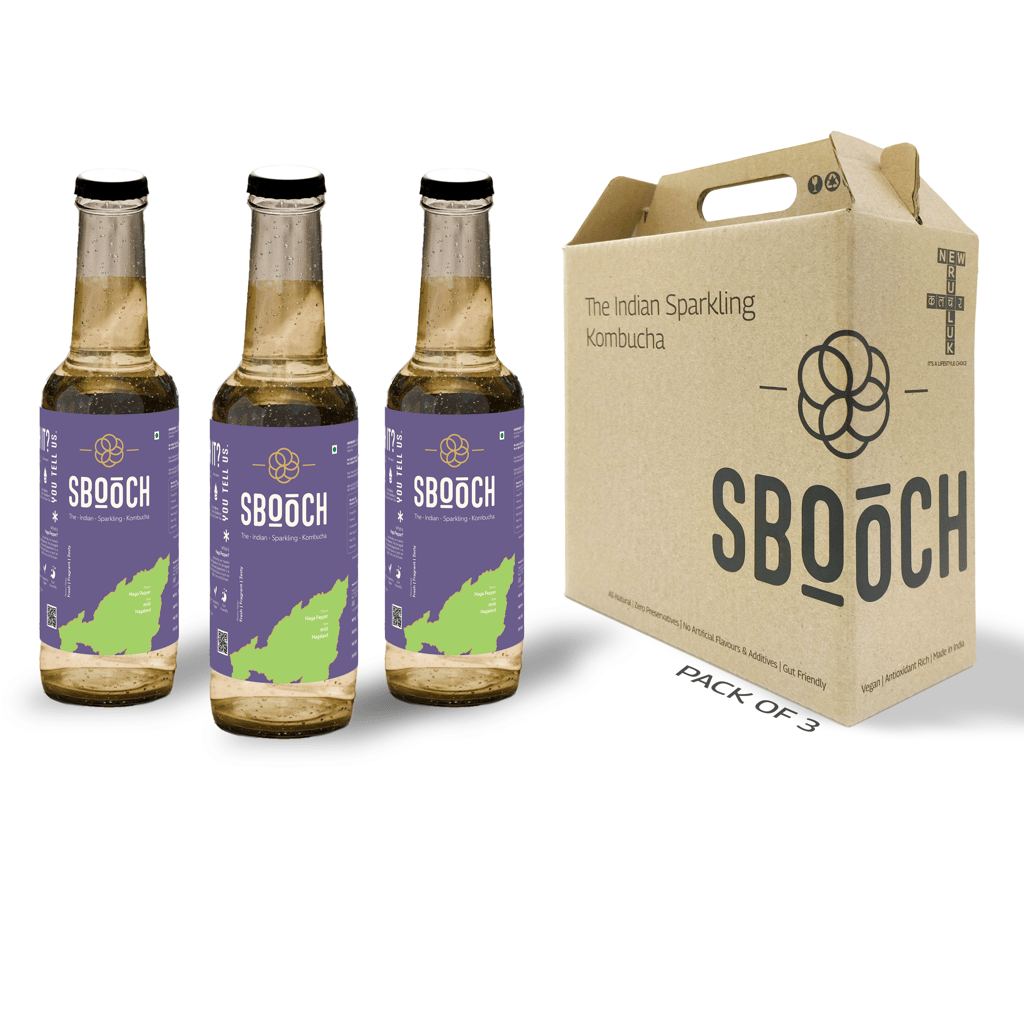 SBOOCH - Indian Sparkling Kombucha Tea | Naga Pepper Flavor, All Natural | Gut Friendly | Antioxidant | Zero Preservatives | NO Artificial Flavors or Additives | Fermented Beverage Tea (Pack of 3)