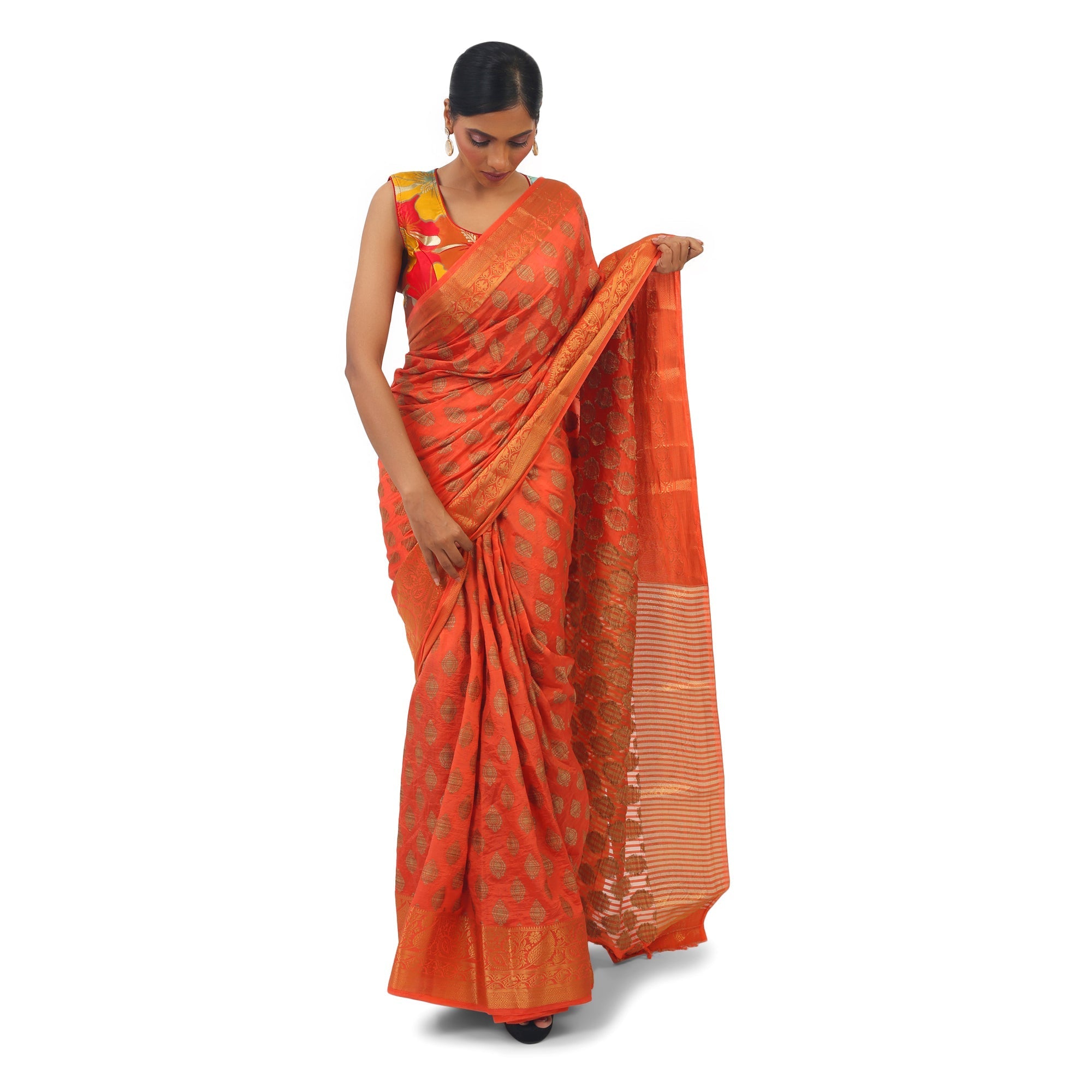 TheHangr Art Silk Orange Saree With Golden Work view 2