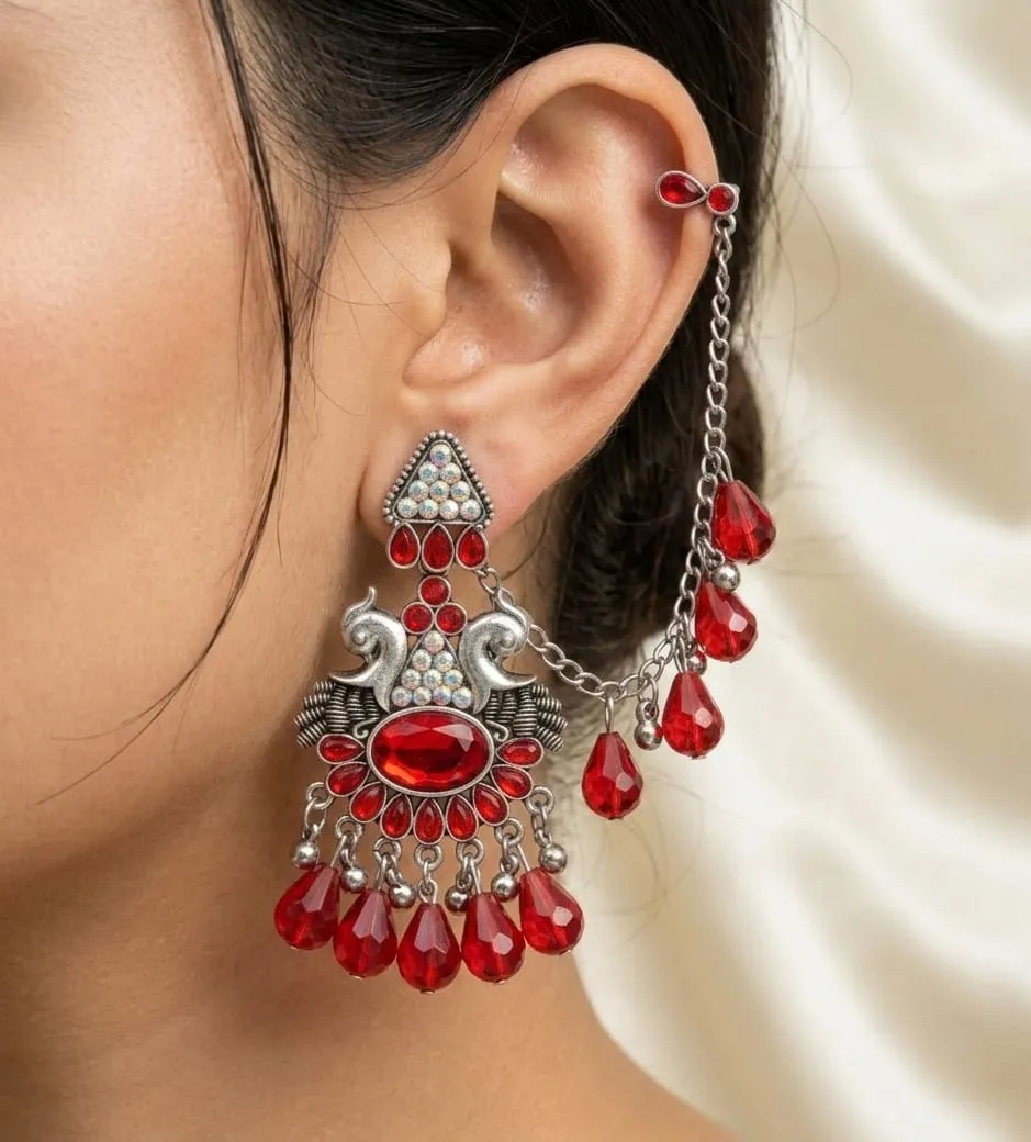 Vardaan Crystalx Exquisite oxidized silver Sahara earring featuring vibrant ruby-red crystals and intricate detailing, perfect for every women. view 2