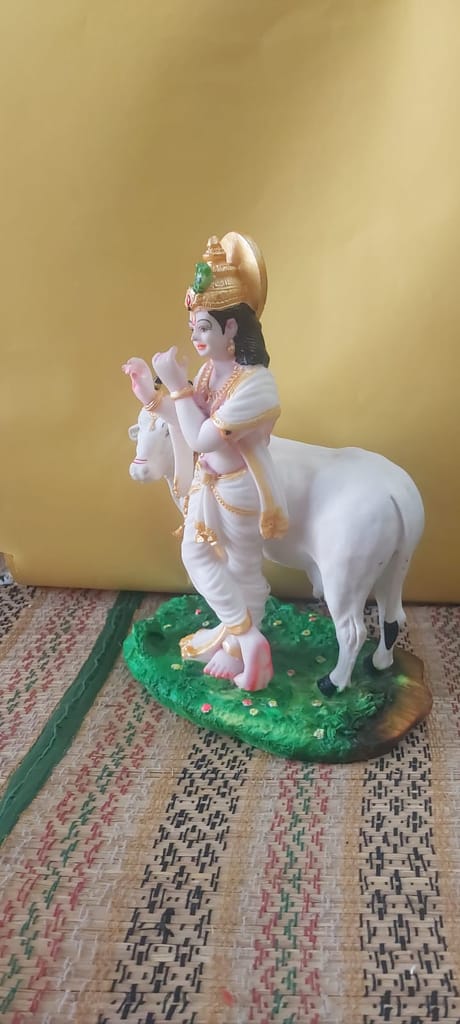 Divine Krishna with Cow Idol - Flute Playing White Krishna Murti view 2