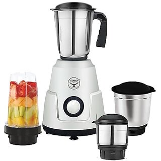 Starly Grindwave 750 Watt Mixer Grinder with 4 Jars 3 Stainless Steel Jars 1 Juicer Jar Shockproof ABS Body Heavy Duty Motor Stainless Steel Blades Silver