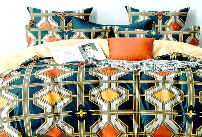 3 Piece Bedding Set - King/Cal King - Duvet Cover, 2 Pillow Shams - Geometric Trellis Pattern - Blue, Orange, Yellow