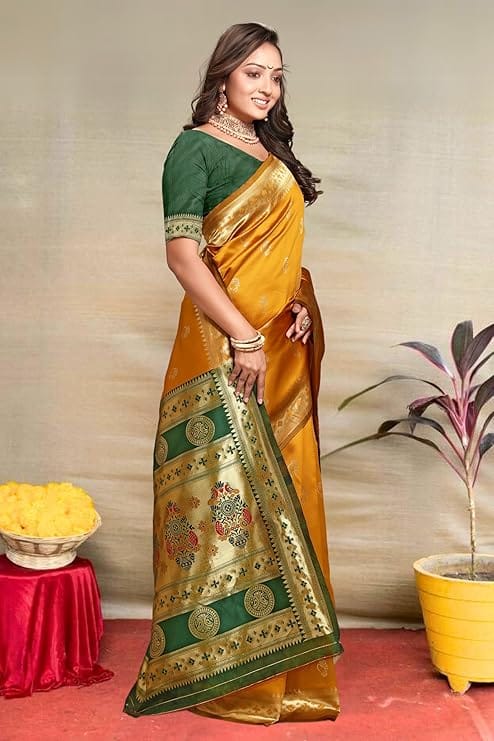 Women's Pure Kanjivaram Silk Saree Soft Paithani Wedding Sarees With Blouse Piece (Nath paithani) view 2
