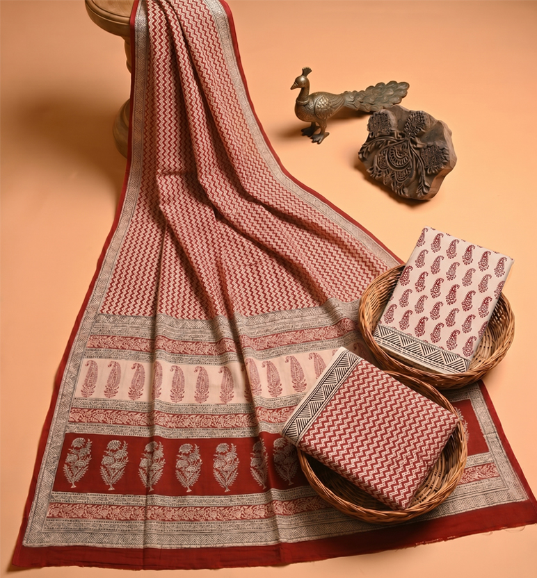 Handcrafted Bagh Print Cotton 3 Piece Suit Set
