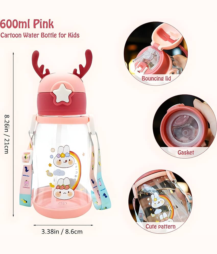 Radhe Creation Cartoon Water Bottle with Straw Multicolour Plastic School Water Bottle 600 mL ( Set of 1 ) view 2
