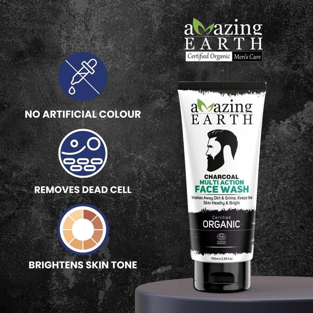 AMAzing EARTH Certified Organic Activated Charcoal Face Wash for Men - 100% Natural with Neem, Orange, Rice, Grapeseed, Sandalwood Extract, Fights Pollution, Oil Control, Sulphate and Paraben Free, Vegan, Cruelty Free - 100ml view 2