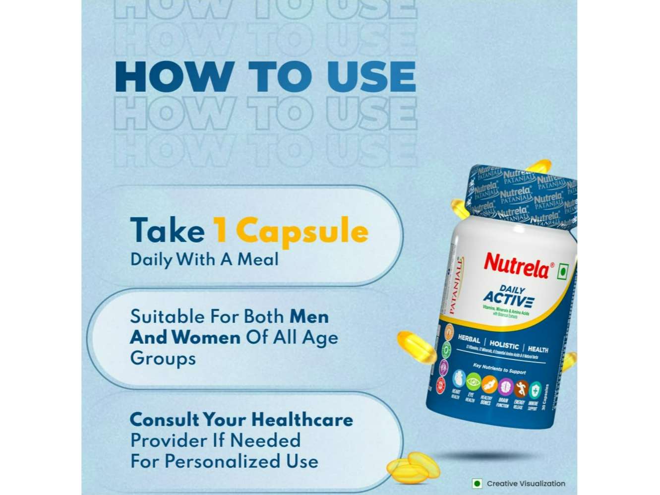 Nutrela Daily Active Multivitamin for Men & Women with essential amino acids, natural herbs , biofermented vitamins, minerals for Energy, Immunity, Brain, Eye & Heart Health - 30 Veg Capsules-By Patanjali view 2