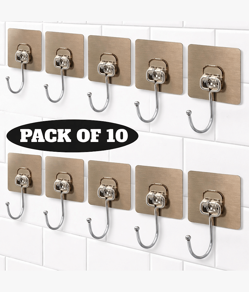 Golden Hook 10 Pack Large Heavy Duty Stainless Steel Adhesive Hooks – Waterproof, Strong, Damage-Free Wall Hooks for Towels, Coats & Accessories – Kitchen, Bathroom, Home & Office Organization
