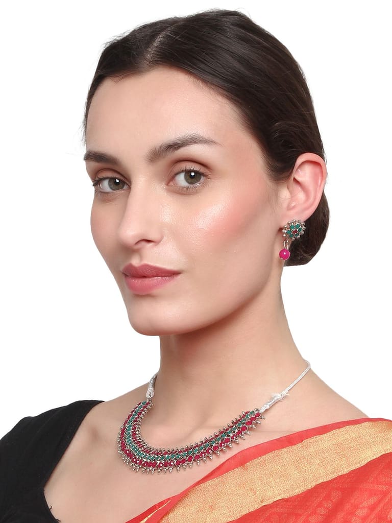 Cardinal Oxidized Silver Color Multicolor Stone Choker Necklace Set view 2