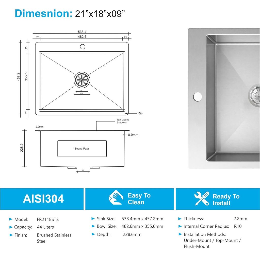 Aqua 304 Handmade (21 x 18 x 09 ) Inch SS Single Bowl Tap Hole Round Coupling Silver Kitchen Sink view 2