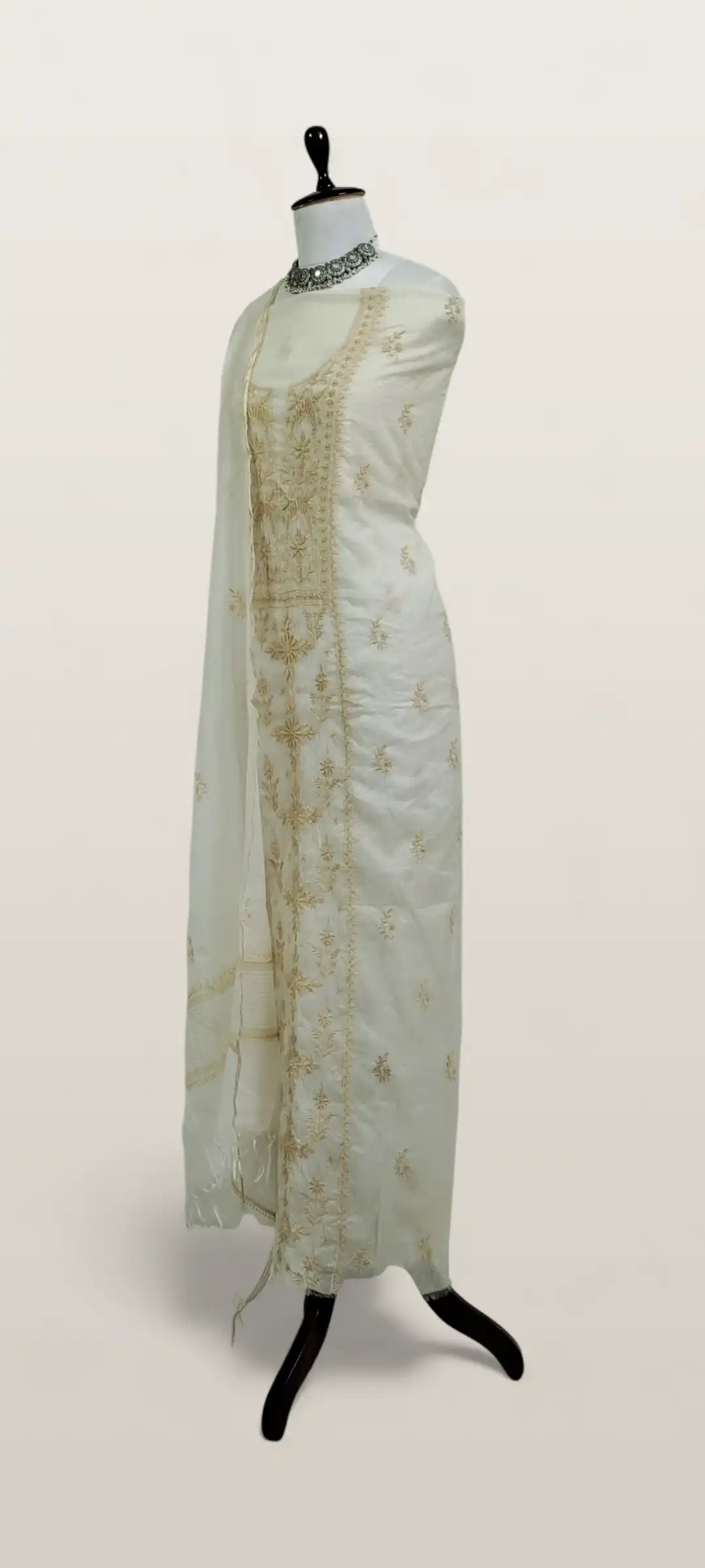 Chikankari Mul Chanderi Dress Material Ivory Gold Yoke Jaal view 2