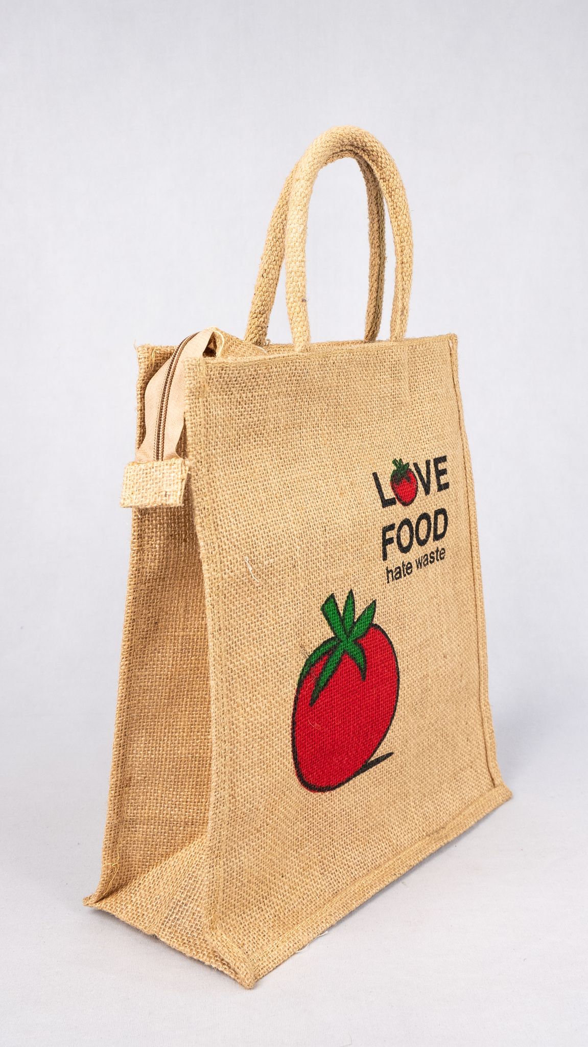 Eco-Friendly 'Love Food, Hate Waste' Jute Tote Bag view 2