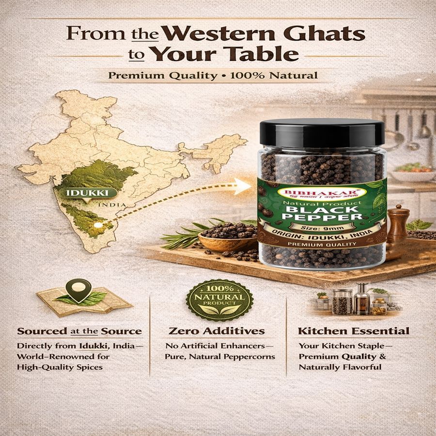 Idukki Black Peppercorns 50g - High Piperine Whole Berries from Kerala, India - Airtight PET Jar | Bibhakar Spices - 50 gm - Single jar view 2