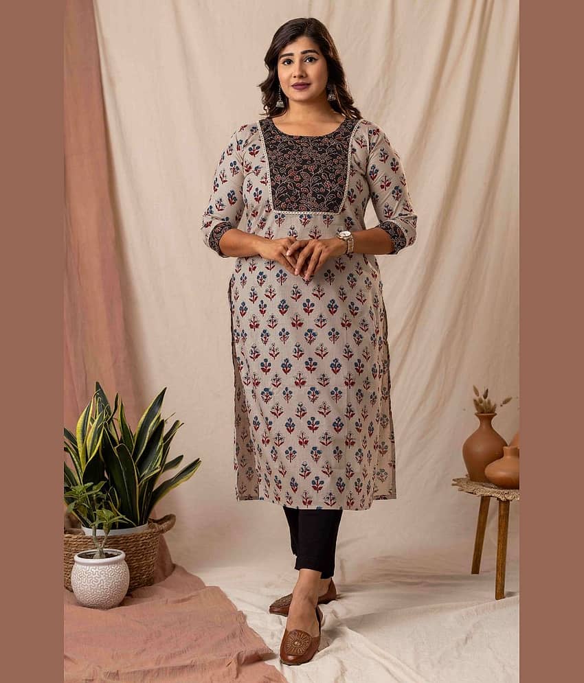AMTHI Women Cotton Self Design Straight Kurti ( Cream )