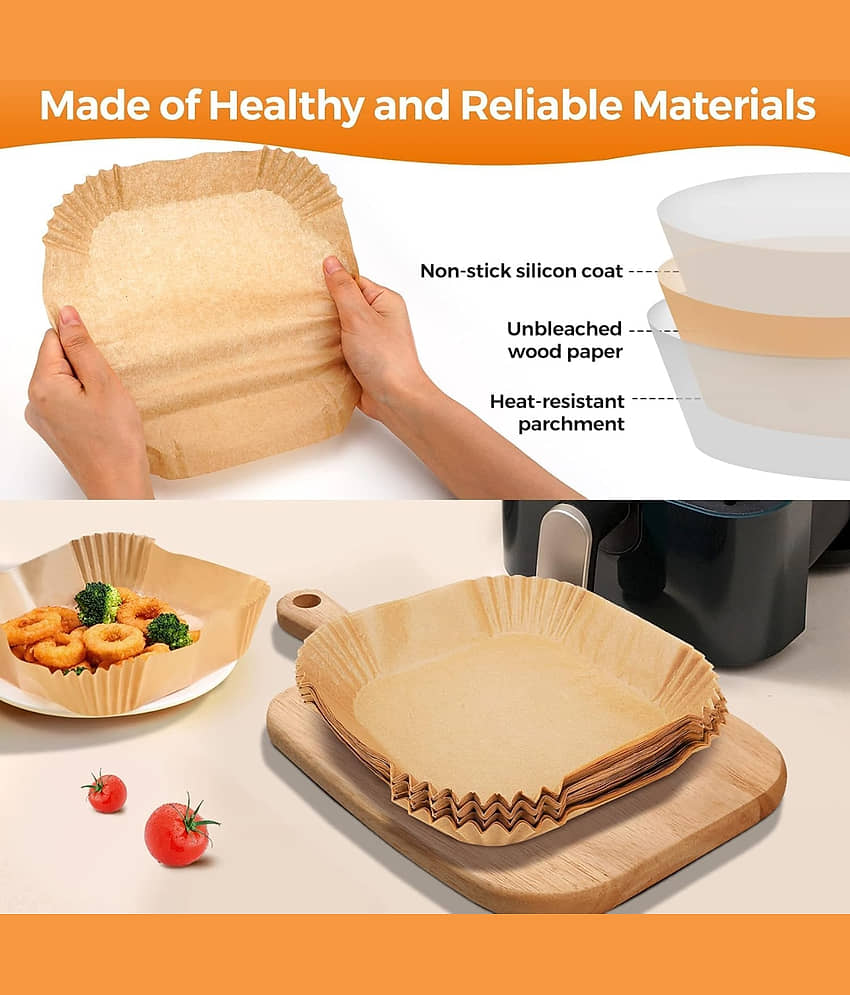 Radhe Creation Square Air Fryer Liners 100 Pack Disposable, 8 Inch Parchment Paper Baking Liners Non-Stick Oil-Proof Food Grade, Fit for 5-8 QT Air Fryer Basket, Oven, Microwave, Steamer Kitchen Accessories view 2