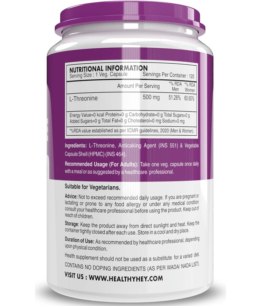 HEALTHYHEY NUTRITION L-Threonine Essential Amino Acid 120 Veg Capsules Capsule 500 mg view 2