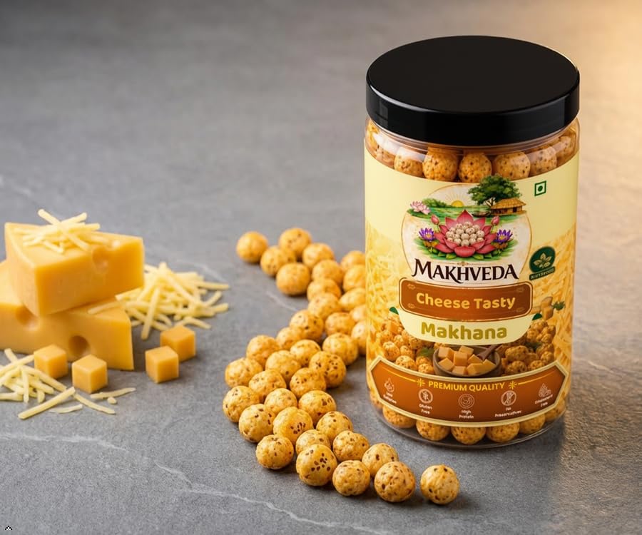 MAKHVEDA - Tasty Cheese Makhana | Roasted Fox Nuts | Popped Lotus Seeds | Healthy Snack | Low Calorie, High Protein, Gluten Free | Cheesy & Crunchy Delight view 2