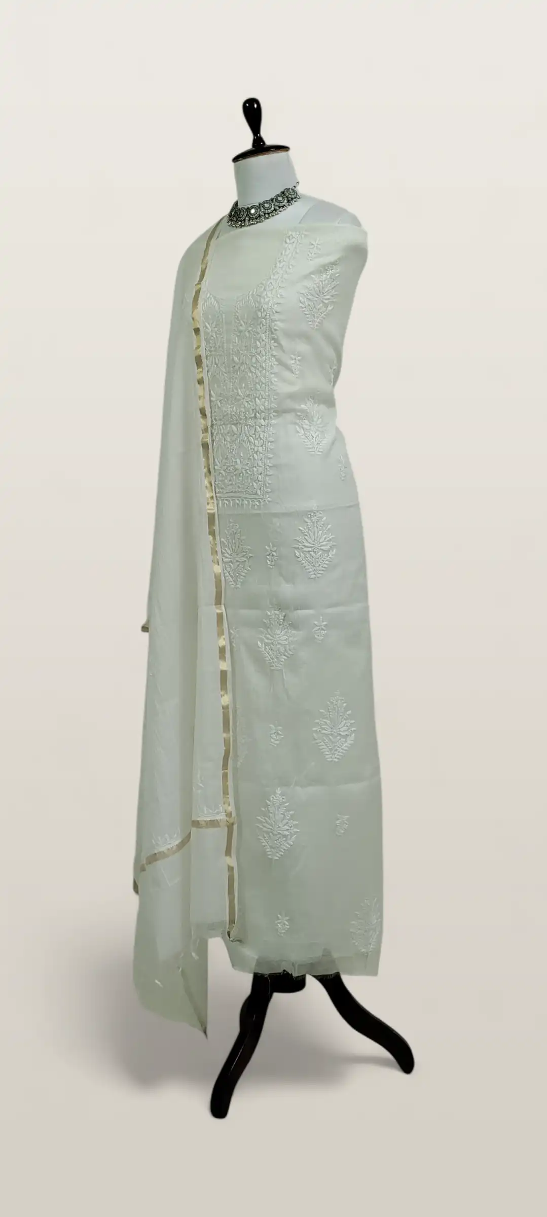 Chikankari Mul Chanderi Dress Material White Paisley Yoke view 2
