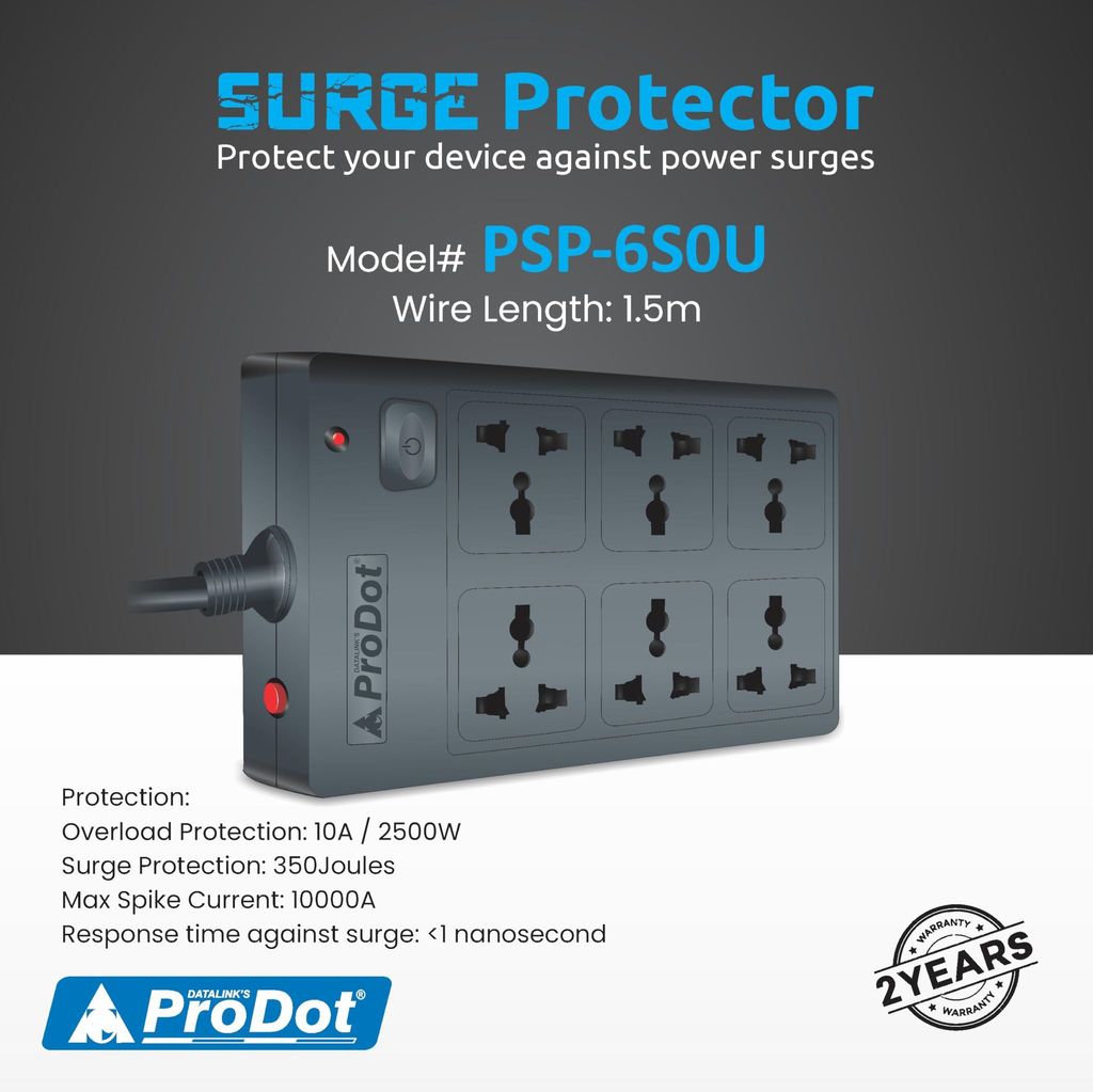 PRODOT Power Spike Guard, Strip Surge Protector with Master Switch and 6 Outlets, Heavy Duty Extension Cord for Home, Office, Travel & Phone Charging view 2