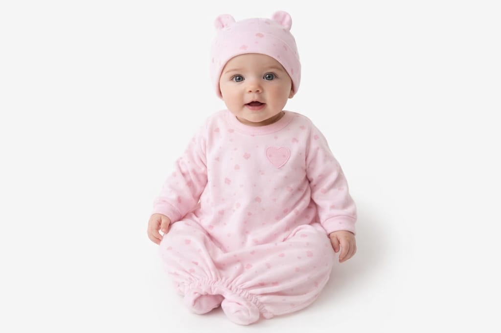 Baby Girls' Pink Heart Print Cotton Sleepsuit & Cap Set view 2