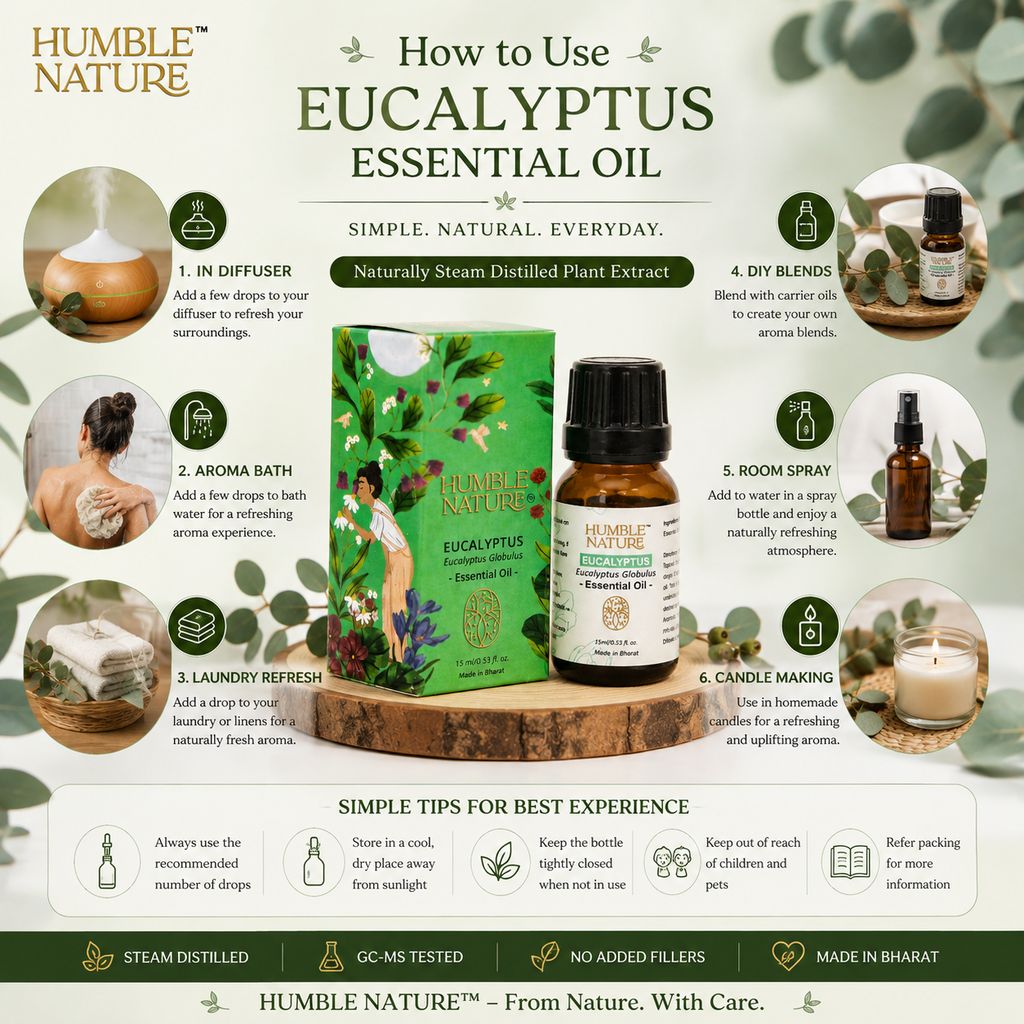 Humble Nature Eucalyptus Essential Oil 15 ml | Steam Distilled | GC-MS Tested | Eucalyptus Globulus | Aromatherapy Oil for Diffuser, Massage, DIY, Candle & Soap Making view 2