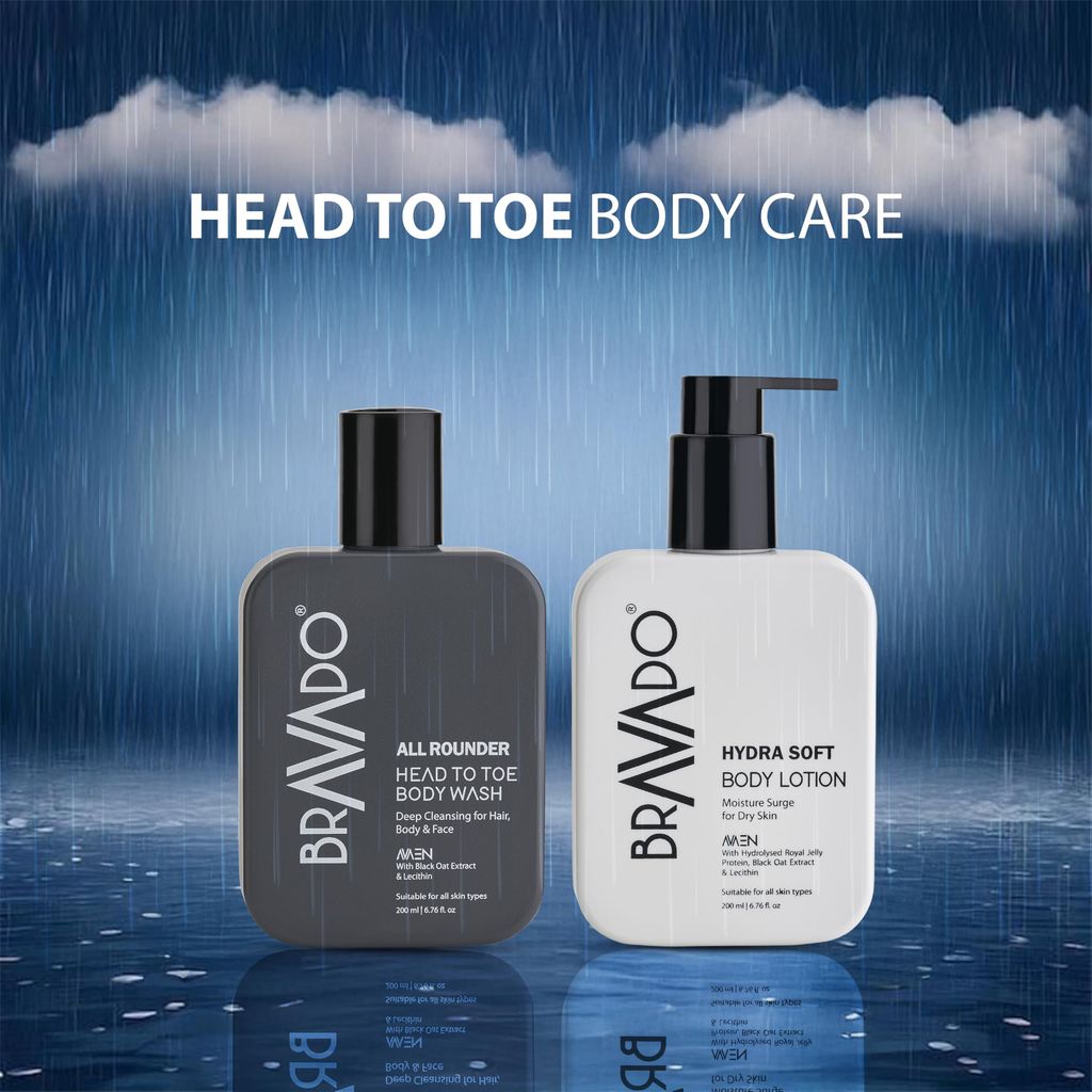 BRAVADO Hydrating Body Care Set, All Rounder Head to Toe Body Wash and Hydra Soft Body Lotion |Deep Cleansing, Moisturizing,Anti-Ageing, Sun Protection,Shower Gel,Facewash, Hair Wash-Pack of 2 | 400ml view 2