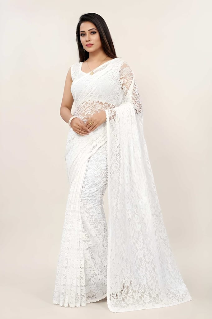 Women's White Floral Lace Saree with Matching Blouse Piece | Premium Designer Net Lace Party Wear Saree | Elegant Ethnic Wear