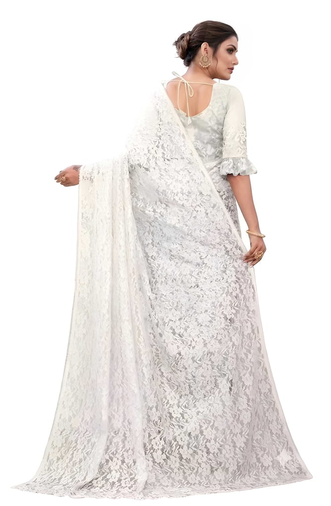 Women's White Floral Lace Saree with Matching Blouse Piece | Premium Designer Net Lace Party Wear Saree | Elegant Ethnic Wear view 2