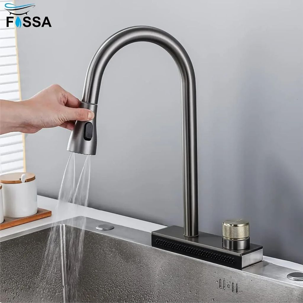 Rainfall Pull Out Four-Flow 360° Hot & Cold Stainless Steel Kitchen Mixer Faucet Black Grey view 2
