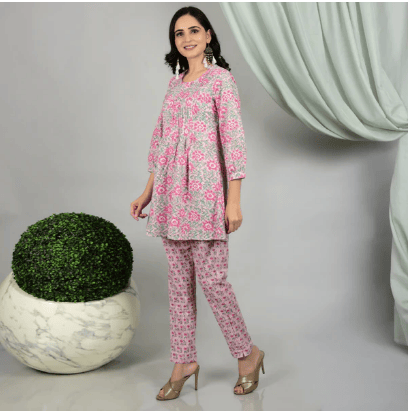 PINK-GREEN HAND BLOCK PRINTED PURE COTTON CO-ORDS, SET OF 2