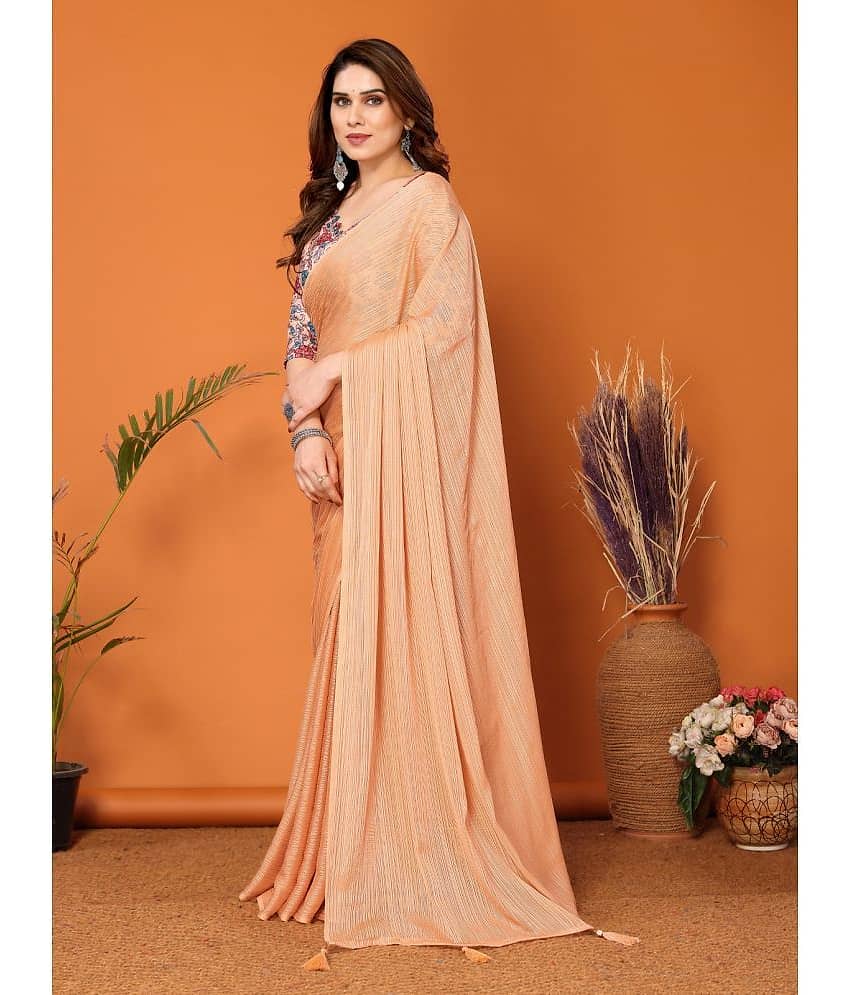 BLEESBURY Chiffon Solid Saree With Unstitched Blouse Piece ( Peach ) view 2