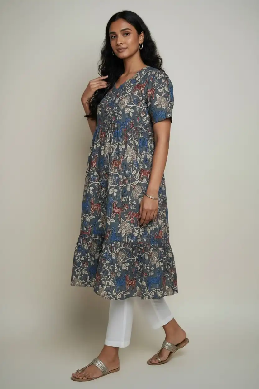 Floral Print Cotton Dress Slate Gray view 2
