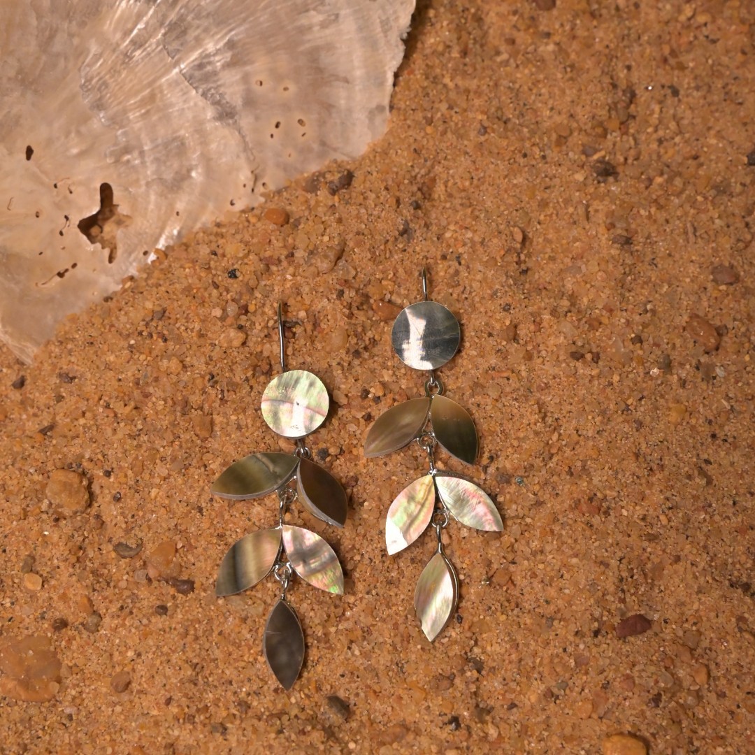 mother of pearl metal 5 leaf black earrings view 2