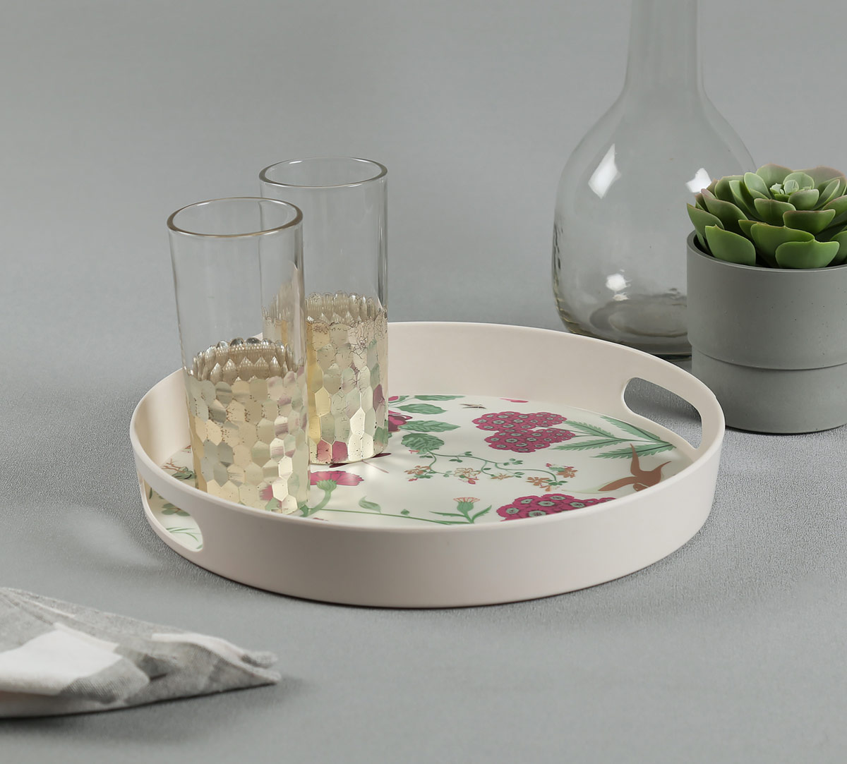 India Circus Grey Floral Galore Round Large Bamboo Tray view 2