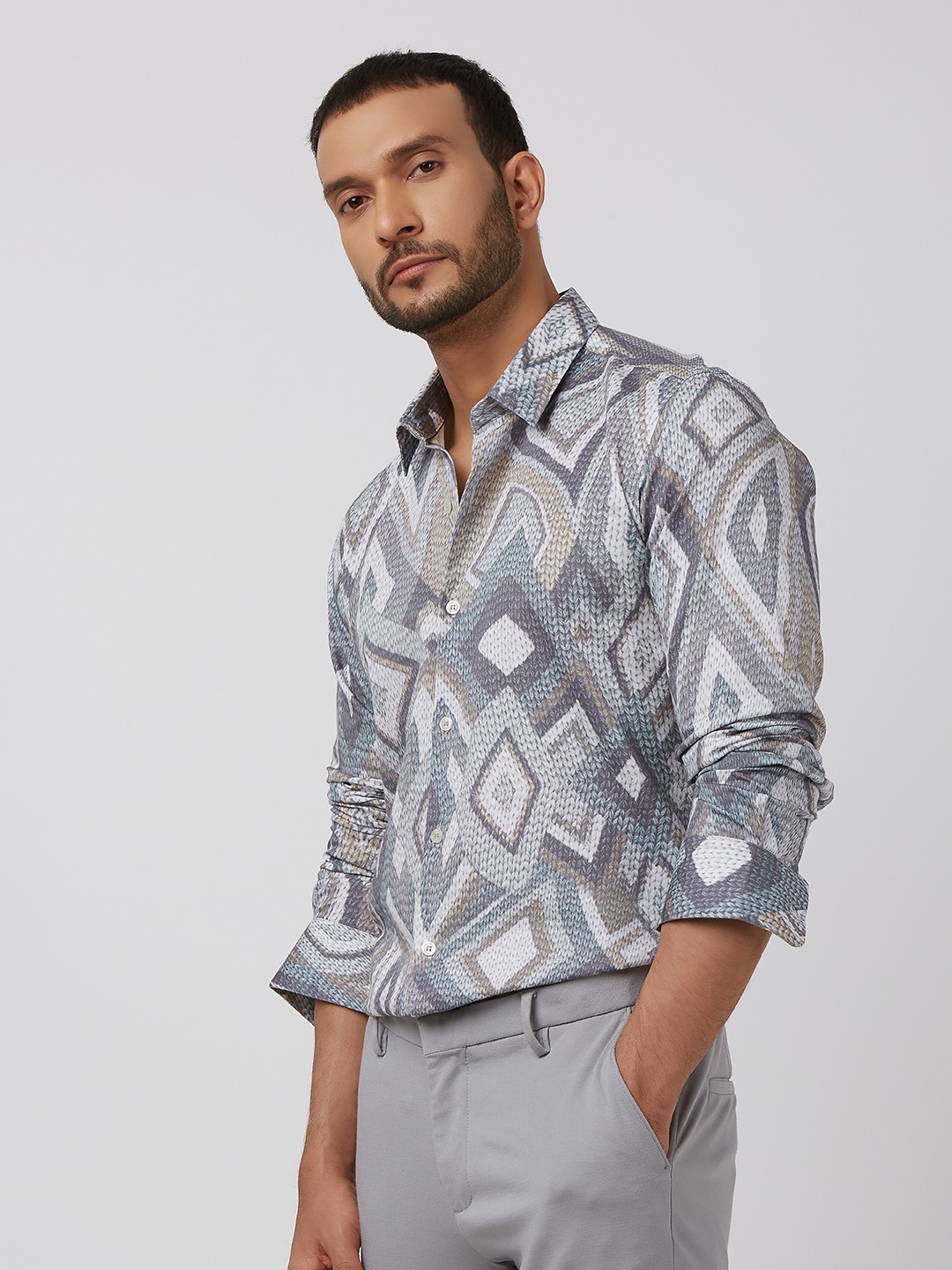 Grey Digital Print Slim Fit Casual Shirt view 2