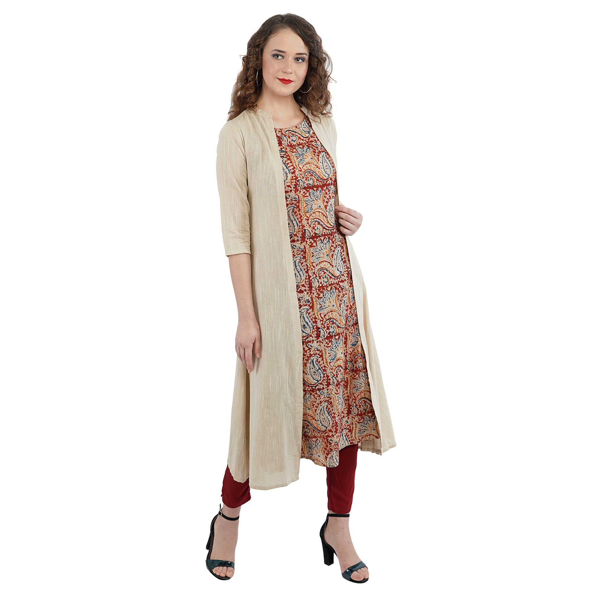 Brown Printed Cotton Kurti Shrug Pant Set view 2