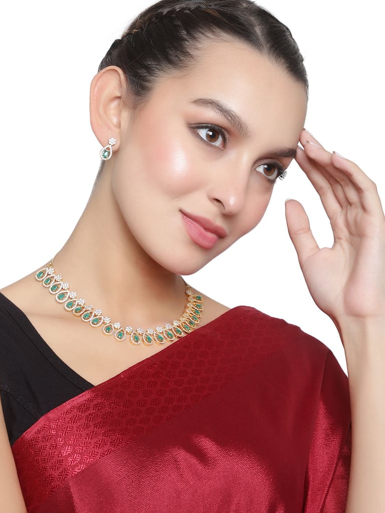 Cardinal Gold Plated Green Color Stone American Diamond Choker Necklace Set view 2